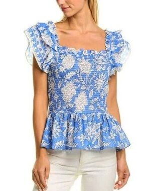 Jennifer & grace cotton Blue Floral Ruffle Square-Neck Peplum Top